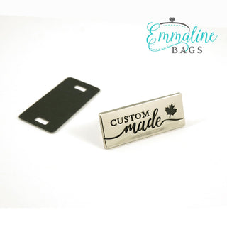 Metal Bag Label: "Custom Made" - with Maple Leaf - Emmaline Bags Inc.