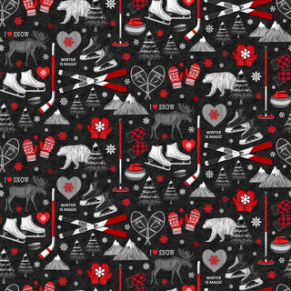 Winter Activities on Black FLANNEL • Cozy Up by Northcott (Per 1/4 yard) - Emmaline Bags Inc.