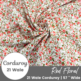 Red Floral Corduroy Fabric | 21 Wale (¼ yard)