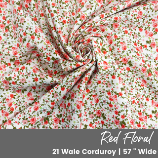 Red Floral Corduroy Fabric | 21 Wale (¼ yard)