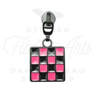 Pink Enamel Checkerboard Zipper Sliders w/ Pulls | SIZE#5 (2 Pack)
