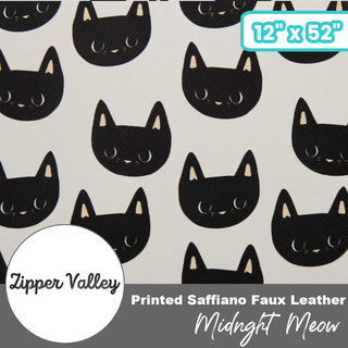Midnight Meow | Zipper Valley Printed Saffiano Faux Leather | 12" x 52" Pre-Cut (Small)