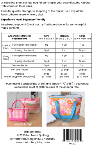 Altoona Tote by Ma Tante Quilting (Printed Paper Pattern) - Emmaline Bags Inc.-Sewing Patterns