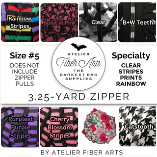 Collection of zipper pulls with various patterns and colors, featuring Atelier Fiber Arts branding.