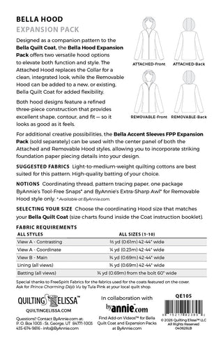 Bella Quilt Coat Hood | Expansion Pack | by Quilting Elissa (Paper Pattern) - Emmaline Bags Inc. - Sewing Patterns