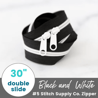 Black and White | 30" Nylon Coil Zipper | *Size #5* with Two Pulls - Emmaline Bags Inc.-Bag Zippers