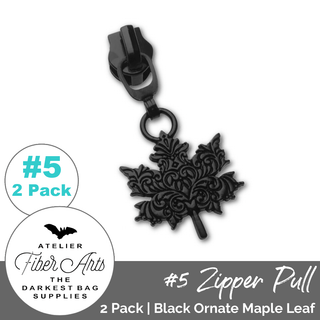 Black Ornate Maple Leaf Zipper Sliders w/ Pulls | SIZE5 (2 Pack) - Emmaline Bags Inc. - Bag Zippers