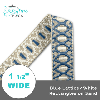 Blue Lattice & White Rectangles on Sand • 1 1/2" (38mm) Wide (Per 1 Yard) - Emmaline Bags Inc.-Straps & Handles