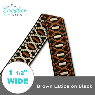 Brown Latice on Black | 1 ½" (38mm) Wide (Per 1 Yard) - Emmaline Bags Inc.-Straps & Handles