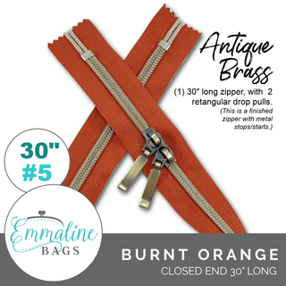Burnt Orange | Emmaline 30" Nylon Coil Zipper | *SIZE5* with Two Rectangle Pulls - Emmaline Bags Inc.-Emmaline Zippers