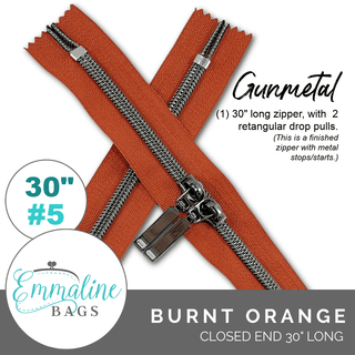 Burnt Orange | Emmaline 30" Nylon Coil Zipper | *SIZE5* with Two Rectangle Pulls - Emmaline Bags Inc.-Emmaline Zippers