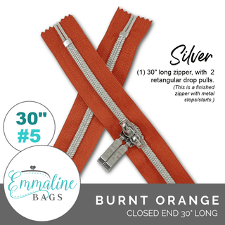 Burnt Orange | Emmaline 30" Nylon Coil Zipper | *SIZE5* with Two Rectangle Pulls - Emmaline Bags Inc.-Emmaline Zippers