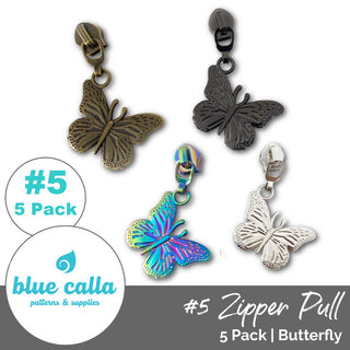Butterfly Zipper Sliders with Pulls - SIZE5 (5 Pack) - Emmaline Bags Inc. - Emmaline Zippers