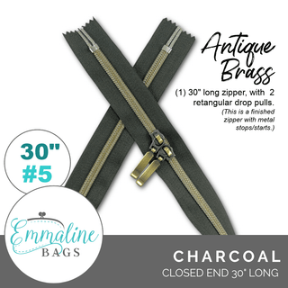 Charcoal | Emmaline 30" Nylon Coil Zipper | *SIZE5* with Two Rectangle Pulls - Emmaline Bags Inc.-Emmaline Zippers