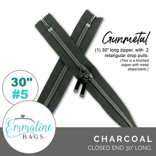Charcoal | Emmaline 30" Nylon Coil Zipper | *SIZE5* with Two Rectangle Pulls - Emmaline Bags Inc.-Emmaline Zippers