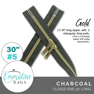 Charcoal | Emmaline 30" Nylon Coil Zipper | *SIZE5* with Two Rectangle Pulls - Emmaline Bags Inc.-Emmaline Zippers
