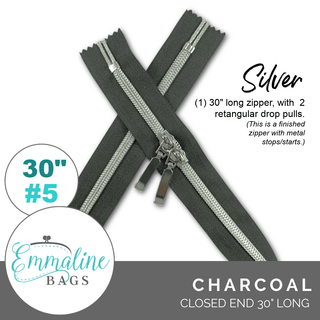 Charcoal | Emmaline 30" Nylon Coil Zipper | *SIZE5* with Two Rectangle Pulls - Emmaline Bags Inc.-Emmaline Zippers