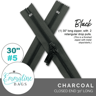 Charcoal | Emmaline 30" Nylon Coil Zipper | *SIZE5* with Two Rectangle Pulls - Emmaline Bags Inc.-Emmaline Zippers