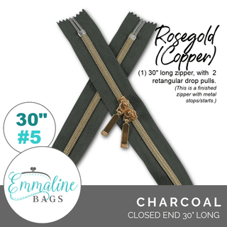 Charcoal | Emmaline 30" Nylon Coil Zipper | *SIZE5* with Two Rectangle Pulls - Emmaline Bags Inc.-Emmaline Zippers