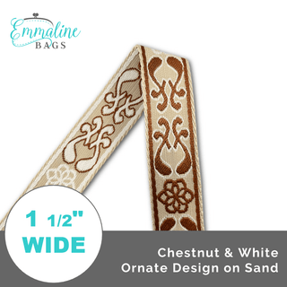 Chestnut & White Ornate Design on Sand • 1 1/2" (38mm) Wide (Per 1 Yard) - Emmaline Bags Inc.-Straps & Handles