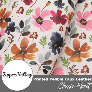 Classic Floret | Zipper Valley Printed Pebble Faux Leather | 12" x 52" Pre - Cut - Emmaline Bags Inc. - Fabric