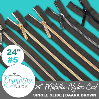 Dark Brown | Emmaline 24" Nylon Coil Zipper | *SIZE5* with Rectangle Pull - Emmaline Bags Inc. - Emmaline Zippers