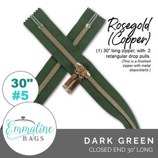 Dark Green | Emmaline 30" Nylon Coil Zipper | *SIZE5* with Two Rectangle Pulls - Emmaline Bags Inc.-Emmaline Zippers