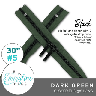 Dark Green | Emmaline 30" Nylon Coil Zipper | *SIZE5* with Two Rectangle Pulls - Emmaline Bags Inc.-Emmaline Zippers