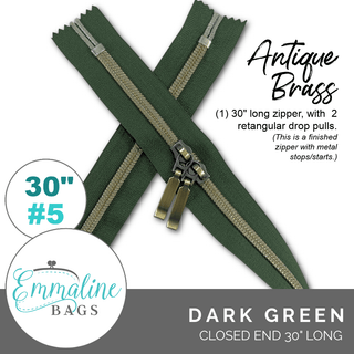 Dark Green | Emmaline 30" Nylon Coil Zipper | *SIZE5* with Two Rectangle Pulls - Emmaline Bags Inc.-Emmaline Zippers