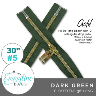 Dark Green | Emmaline 30" Nylon Coil Zipper | *SIZE5* with Two Rectangle Pulls - Emmaline Bags Inc.-Emmaline Zippers
