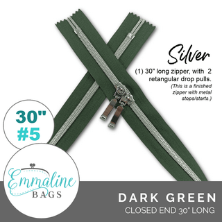 Dark Green | Emmaline 30" Nylon Coil Zipper | *SIZE5* with Two Rectangle Pulls - Emmaline Bags Inc.-Emmaline Zippers