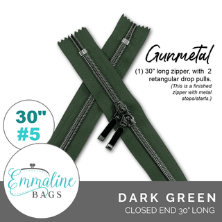 Dark Green | Emmaline 30" Nylon Coil Zipper | *SIZE5* with Two Rectangle Pulls - Emmaline Bags Inc.-Emmaline Zippers
