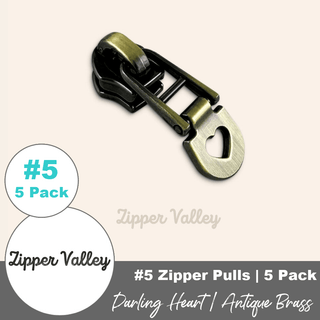 Darling Heart | Zipper Sliders with Pulls | Size 5 (5 Pack) - Emmaline Bags Inc. - Bag Zippers