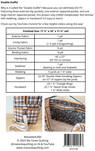 Doable Duffel by Ma Tante Quilting (Printed Paper Pattern) - Emmaline Bags Inc.-Sewing Patterns
