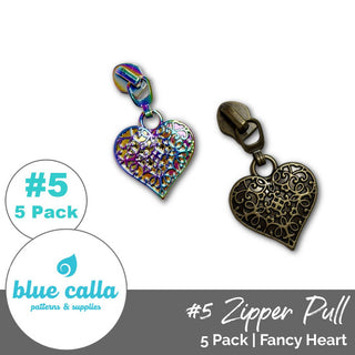 Fancy Heart Zipper Sliders with Pulls - SIZE5 (5 Pack) - Emmaline Bags Inc. - Emmaline Zippers
