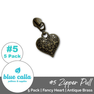 Fancy Heart Zipper Sliders with Pulls - SIZE5 (5 Pack) - Emmaline Bags Inc. - Emmaline Zippers