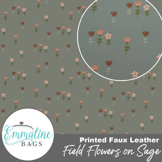 Field Flowers in Sage (Saffiano) Printed Faux Leather | ½ Yard Pre - Cut (18" x 55") - Emmaline Bags Inc. - Fabric