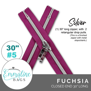 Fuchsia | Emmaline 30" Nylon Coil Zipper | *SIZE5* with Two Rectangle Pulls - Emmaline Bags Inc.-Emmaline Zippers