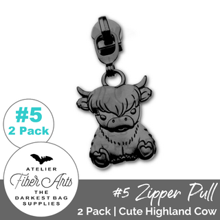 'Highland Cow' Zipper Sliders w/ Pulls | SIZE5 (2 Pack) - Emmaline Bags Inc. - Bag Zippers