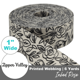 Inked Rose | Zipper Valley Printed Webbing (6 Yards) | 1" Wide (25 mm) - Emmaline Bags Inc. - Straps & Handles