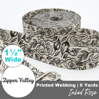 Inked Rose | Zipper Valley Printed Webbing (6 Yards) | 1 ½" Wide (38 mm) - Emmaline Bags Inc. - Straps & Handles