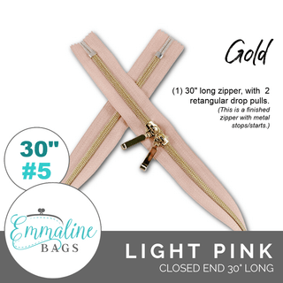 Light Pink | Emmaline 30" Nylon Coil Zipper | *SIZE5* with Two Rectangle Pulls - Emmaline Bags Inc.-Emmaline Zippers
