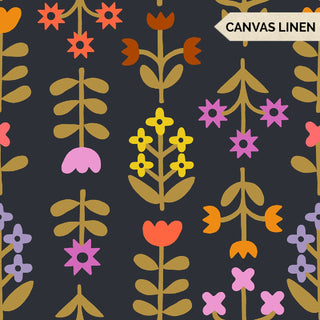 Meadow Canvas Linen in Soft Black • Favorite Flowers (1/4 yard) - Emmaline Bags Inc.