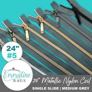 Medium Grey | Emmaline 24" Nylon Coil Zipper | *SIZE5* with Rectangle Pull - Emmaline Bags Inc. - Emmaline Zippers