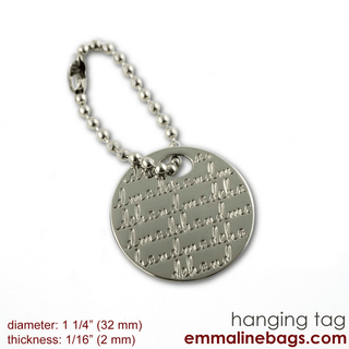 Metal Hanging Tag: Small Circle "handmade" in Nickel - Emmaline Bags Inc.