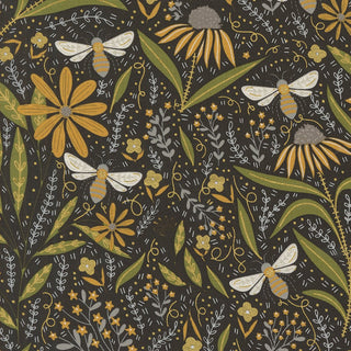 Metallic \\ Black Floral Bees // Bee Garden by Gingiber (1/4 yard) - Emmaline Bags Inc.