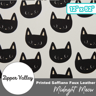 Midnight Meow | Zipper Valley Printed Saffiano Faux Leather | 12" x 52" Pre-Cut (Small) - Emmaline Bags Inc.-Fabric