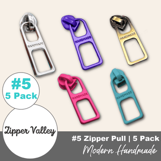 Modern 'Handmade' | Zipper Sliders with Pulls | Size 5 (5 Pack) - Emmaline Bags Inc. - Bag Zippers