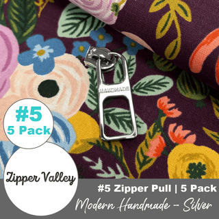 Modern 'Handmade' | Zipper Sliders with Pulls | Size 5 (5 Pack) - Emmaline Bags Inc. - Bag Zippers