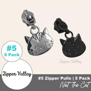 Nat the Cat | Zipper Sliders with Pulls | Size 5 (5 Pack) - Emmaline Bags Inc. - Bag Zippers